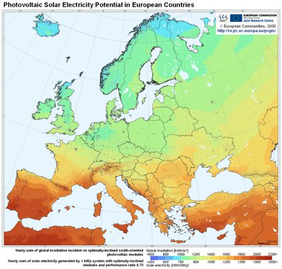 Distribution de l'irradiation solaire annuelle sur l'Europe
